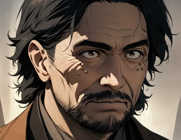 A middle aged man with medium length black hair, a wart under the eye, and facial hair, em um tiro de cowboy, conceptual artwork, In art, anime styling, masterpiece quality, accurate detail, 1080P, 4K