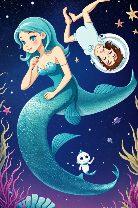 cartoon. A mermaid and an astronaut together