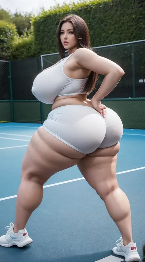 A beautiful woman in tight shorts and a white vest poses on a tennis court, tightsuit, Slim waist and thick hips, Big breasts Thin waist, wide hips, huge buttocks, Waist fit, back stance, curvy woman, healthy woman, Fits the body, Medium Shot Shot, exposed...