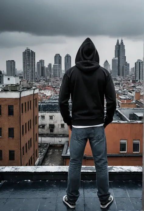 Man in dark hooded sweatshirt and jeans standing on the roof of a building, overlooking a city, gray and rainy sky, buildings, photograph seen from behind, loneliness, suru, craziness.