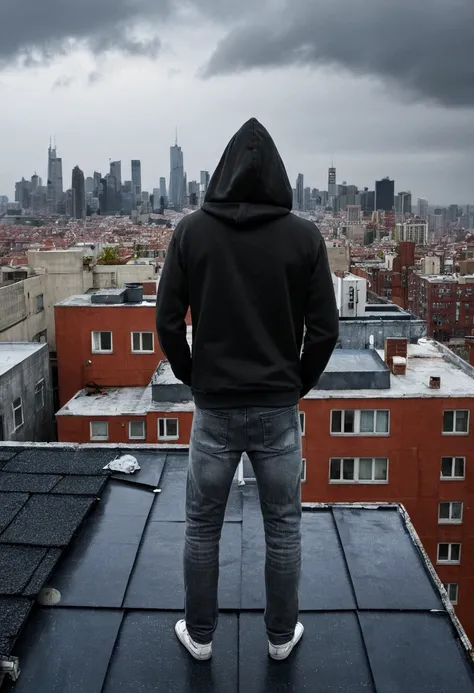 Man in dark hooded sweatshirt and jeans standing on the roof of a building, overlooking a city, gray and rainy sky, buildings, photograph seen from behind, loneliness, suru, craziness.