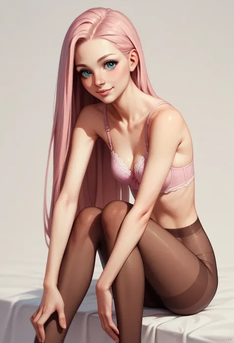 Very Very thin anorexia long elongated body. Very thin, Unrealistic long and slender legs in pantyhose. Very beautiful cute real face,.Pose with hands on knees, upper body in pink bra