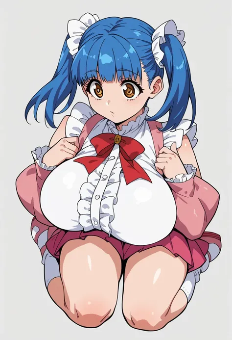 (Tuile(gravion),huge breasts,blue hair,yerrow eyes,twintail,two side up),(white frill,red ribbon,pink skirt,Pink sleeves,Pink Shoes、White socks)