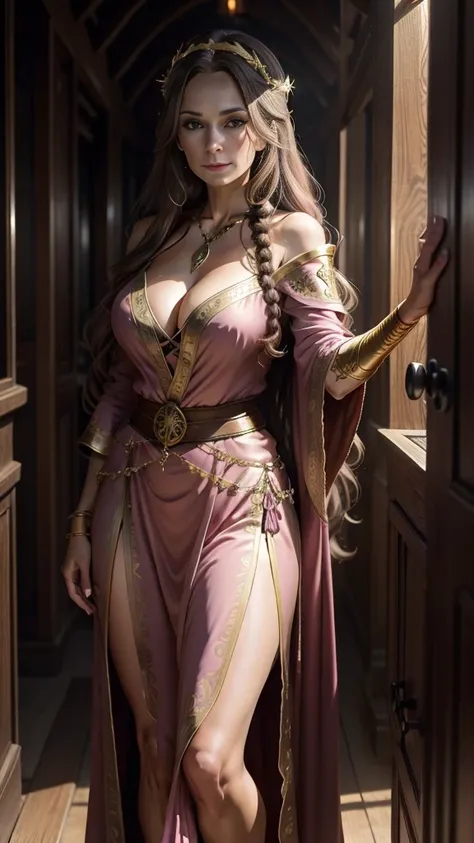 medieval fantasy, priestess in her late 40s, warm and welcoming presence, ample cleavage, long wavy ((brown hairs)), pink and gold (ribbons), long skirt, gentle green eyes, fair skin bears the soft lines of age and wisdom, flowing pink and gold robes, gold...