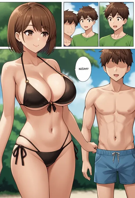 best quality, source_anime, anime comic, 1girl, brown hair, brown eyes, short hair, big breasts, bikini, cleavage, standing, nsfw, 1boy, faceless male, netorare, side by side, cowboy shot