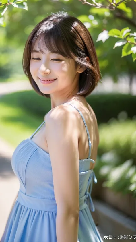 ((最high quality, 8k, masterpiece: 1.3)), (close:0.75), Realistic, Sharp focus, high quality, High resolution,   Japanese women、18-year-old、Idol face、Chubby body type、Her breasts are huge, measuring 40 inches. ｛Light blue dress｝, ((Very strong sunlight)), s...