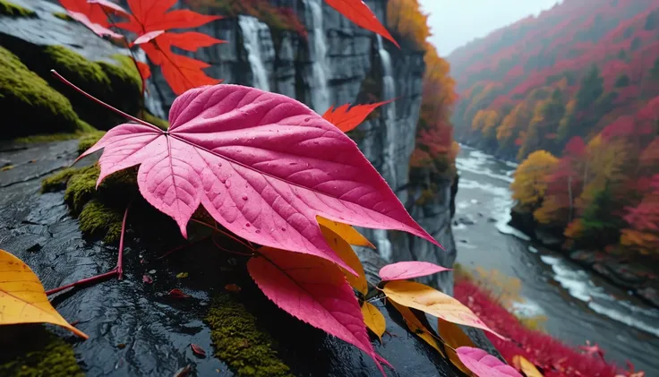 (deep pink gradation leaves),(square leaf), (half withered),(on the cliff),magical round leaves leaves falling, snow is falling thinly,nature documentry footage, youtube video screenshot, todays featured photography 4k, autumn rain turkel, nature photograp...