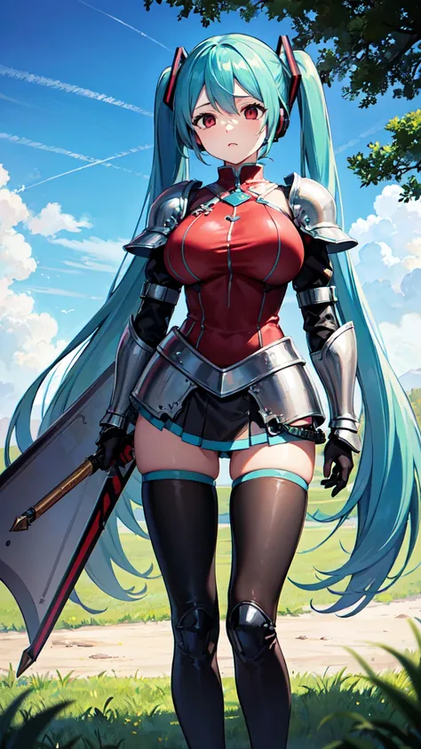 masterpiece, best quality, ultra detailed, woman, sad, standing, in the park, アニメ, VFX、One girl, alone, (hatsune miku), Big Breasts, Aqua Hair, Red Eye, Twin tails, Princess Knight、((Medieval armour)), ((Armour&#39;s color is black))、Fall into Darkness、((d...