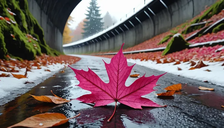 (deep pink gradation leaves),(winter leaves), (half withered),(inside the tunnel),magical round leaves leaves falling, snow is falling thinly,nature documentry footage, youtube video screenshot, todays featured photography 4k, autumn rain turkel, nature ph...