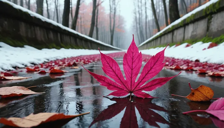 (deep pink gradation leaves),(winter leaves), (half withered),(inside the tunnel),magical round leaves leaves falling, snow is falling thinly,nature documentry footage, youtube video screenshot, todays featured photography 4k, autumn rain turkel, nature ph...