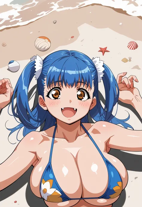 (Tuile(gravion),huge breasts,blue hair,yerrow eyes,twintail,two side up),(bikini,beach),blush,smile,open mouth,fang