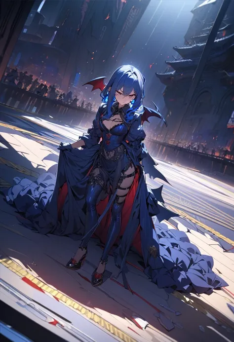 (masterpiece:1.4), (Highest quality:1.4), Very detailed, Complex, Super detailed, figure,Soft lighting, Scenic, One girl, Disgust, Navy Blue Hair, colorful, Colorized, from_On top of that ,vampire_Costumes , Runway 