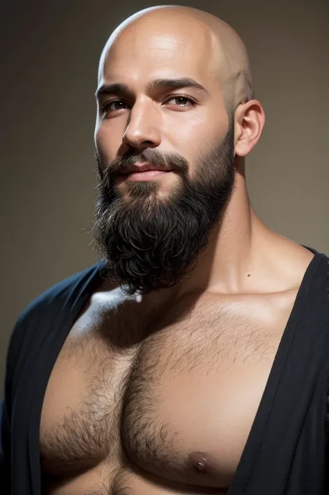 A boy with a velvety voice, bald and with a beard, 35 years old and Brazilian, skin fair 