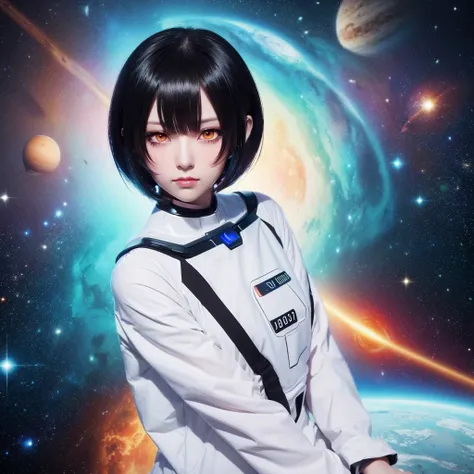 Female Robot, Black Bob Hair, Orange eyes, Arms crossed, In the middle of the universe, ((Anime Style)), White shirt, Soft colors, Colorful background, Space Background, Soft Strokes