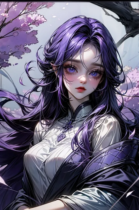 Blue-violet eyes、calm、Purple Hair、Dark look、Long Hair、Beautiful breasts、petal、Landscape