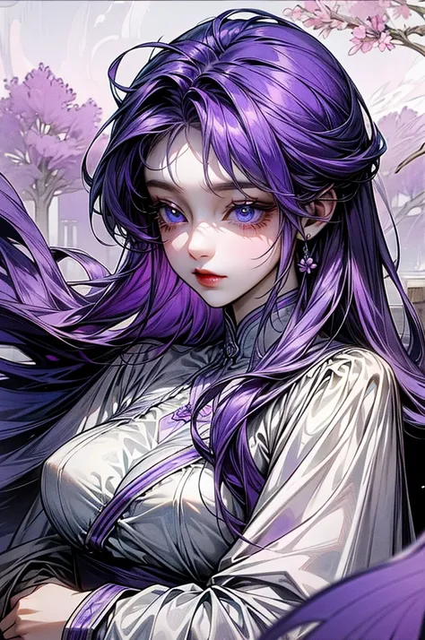 Blue-violet eyes、calm、Purple Hair、Dark look、Long Hair、Beautiful breasts、petal、Landscape