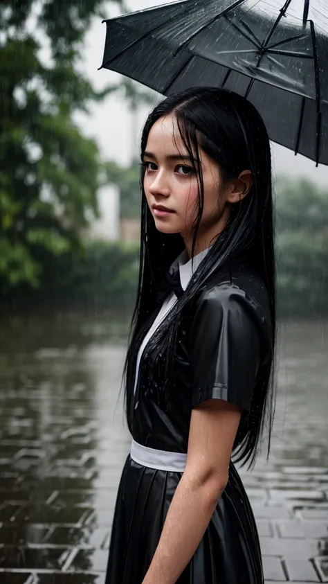 1girl, long black hair, uniform, shy, blush, wet, rain, transparent, (masterpiece, best quality), soft light, cinematic composition, cinematic light