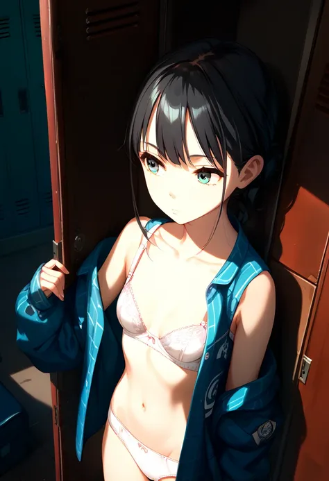 (((masterpiece) (((((Highest quality))))((high resolution))))), Very detailed, Ultra-realistic, )、、locker room、Open shirt、White Bra、White panties、Black Hair、Small breasts、、Change of clothes、((Expressionless))、From above.stand、Look away