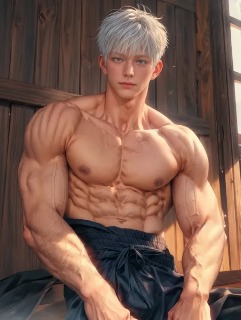 1boy, adult, handsome, perfect face, detailed eyes and face, clean shaved, muscular, capturing a rural atmosphere, dynamic lighting, unreal engine 5, hd picture, satoru gojo, white hair, short hair ,hair between eyes ,blue eyes, white skin