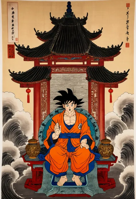 (masterpiece, best quality: 1.2), traditional Chinese ink painting , goku sitting on throne 