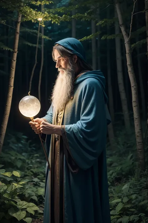 A realistic wizard in moonlight in a forest, holding a staff and a blue and gold glowing ball