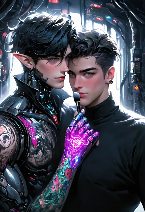 2 guys ethereal demonic 25 year old anime guy male druids, with metallic long pale blond hair, delicate masterpieceintimate delicate etched glowing neon tattoos, Fabulous full view painting of a winking beautiful and gorgeous elf ((male)) almostkissing, pe...