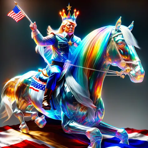 hyper detailed masterpiece, dynamic realistic digital art, incredible quality, doradas, Donald Trump, sitting on horse wearing a crown holding the flag of the United States DonMSp3ctr4lXL