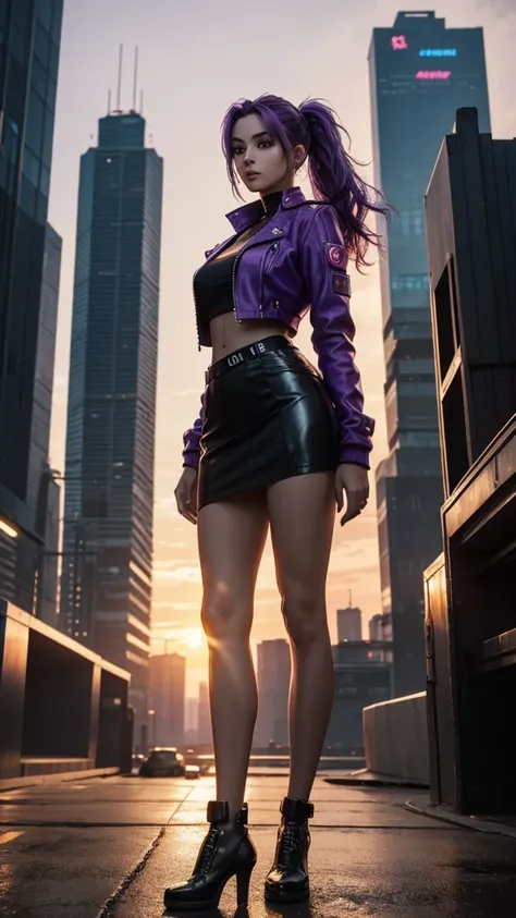 A full-body portrait photograph of a woman with purple hair, capturing the beauty of a woman with purple hair, standing sideways and looking at the camera in a cyberpunk and hydropunk style. She is wearing a leather jacket and a leather skirt. The photogra...