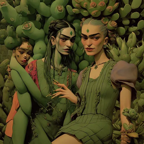 Frida Kahlo in the cactus garden drinking mezcal and smoking cigarettes with a Diabla woman who looks a lot like her, they both have many arms and look very happy to have met in the style of Remedios Varo and Leonora Carrington 