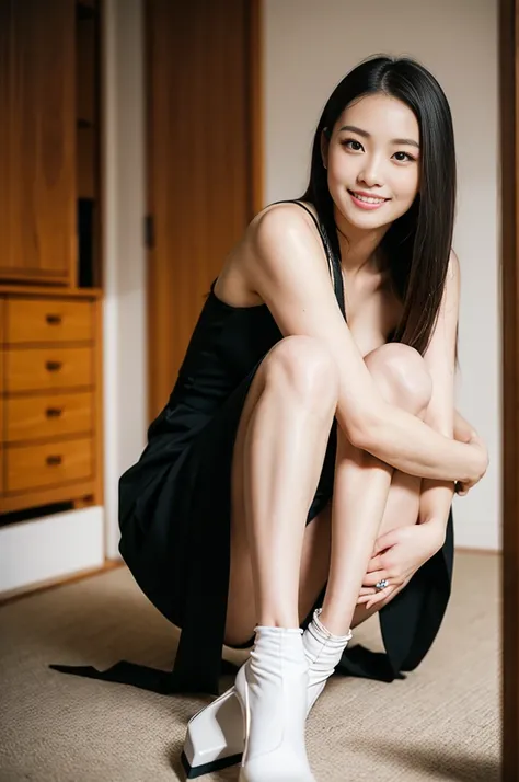 Pure Japanese young girl, outstanding body, beautiful legs, wearing formal suits, high heels, vivid makeup and lips, thick eyebrows, formal black hair styles, sweet smile, professional portrait photography, sitting, 