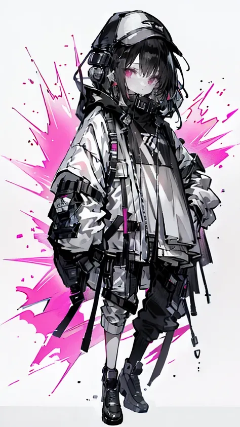 1 girl with red hair, pink eyes, cyberpunk style, hand in pocket, hoodie, pink starry background, black high heels