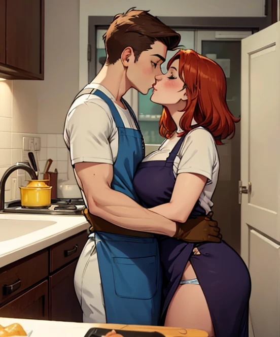 1 chico, 1 girl, mature woman, mother and son, , hug, kiss, woman in underwear, kitchen, son dressed in laboratory, mother with yellow gloves, redhead mother, mother with apron, short son, mother in sexy underwear