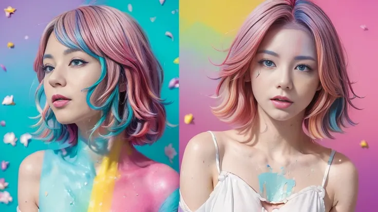 （Pink Fashion T-shirt：1.9），(colored hair: 1.8), (all colors of the rainbow: 1.8),(((((vertical painting：1.6))), （painting：1.6），正面, comics, illustrations, paintings, eyes large, crystal clear eyes,（ rainbow color gradient high ponytail：1.7）, exquisite makeu...