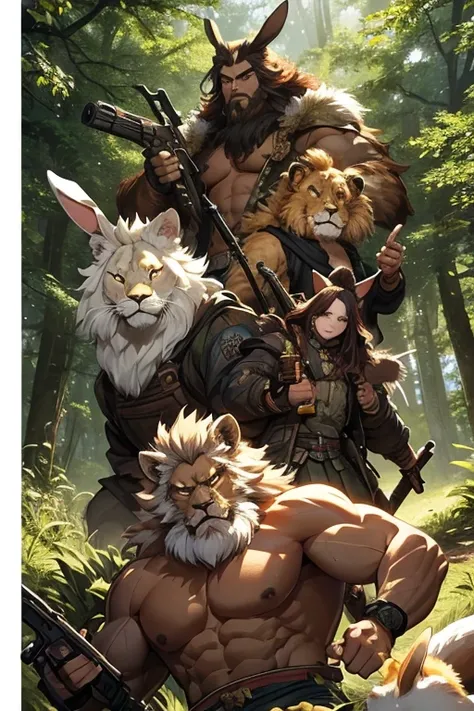 in the forest。A group of armed beastmen。At the front is a lion-man with a mane.。dog、Cat、There are also rabbit beastmen。