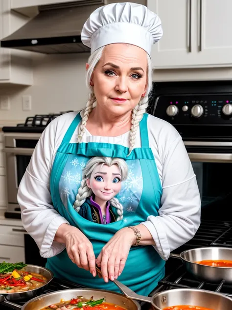 Mature woman aged 35 who looks like Frozen rapper style cooking 