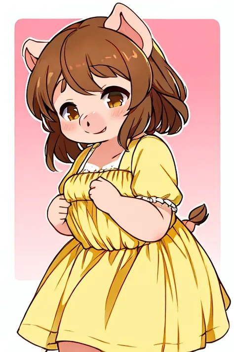 little pig, long brown hair, yellow dress, gentle 