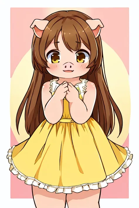 little pig, long brown hair, yellow dress, gentle 