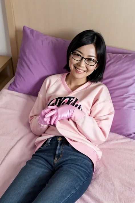 A Japanese woman with glasses and black hair in a shaved style, wearing a sweatshirt and jeans, lying on her bed in her room and wearing large pink rubber gloves and smiling gently