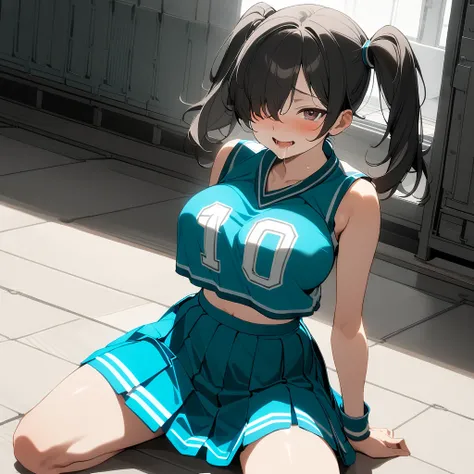 (masterpiece,best quality,very aesthetic),(ultra-detailed),super-fine illustration,high saturation,nsfw,1girl,solo,10yo,curvy,large breasts,twintails,hair over one eye,black hair,(cheerleader uniforms,green lace thong,pleated skirt),school warehouse,skirt ...