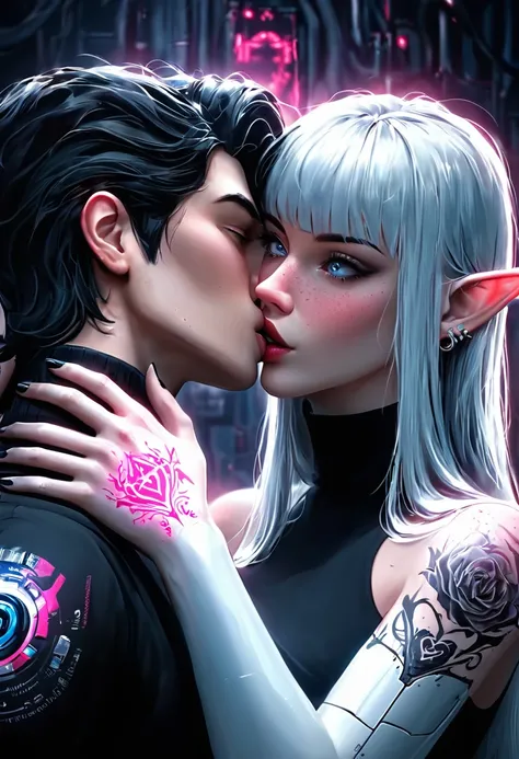 2 guys ethereal demonic 25 year old anime guy male druids, with metallic long pale blond hair, delicate masterpiece intimate delicate etched glowing neon tattoos, Fabulous full view painting of a winking beautiful and gorgeous elf ((male)) almost kissing, ...