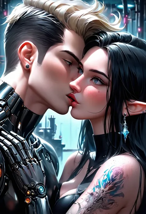 2 guys ethereal demonic 25 year old anime guy male druids, with metallic long pale blond hair, delicate masterpiece intimate delicate etched glowing neon tattoos, Fabulous full view painting of a winking beautiful and gorgeous elf ((male)) almost kissing, ...