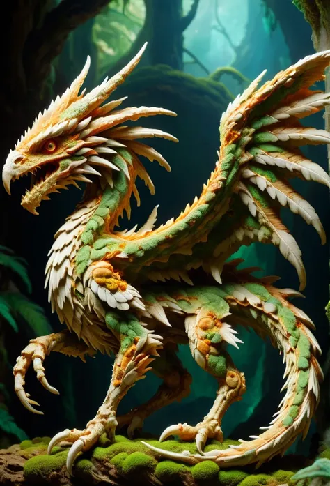 hyper detailed masterpiece, dynamic, awesome quality,a a mycelium gusty light stocky  Glavenus wyvern,  wing spines,  medium bird-like legs,    feathered tails, of ral-mold 