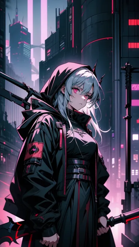 Woman in black dress holding a scythe in front of a city, Gap Moe Yandere Grimdark, from Arknights, Cyberpunk Anime Girl in hoodie, Gothic Maiden Anime Girl, Arknights, Devil Anime Girl, portrait Gap Moe Yandere Grimdark, Cyberpunk Anime Girl, akatsuki aki...