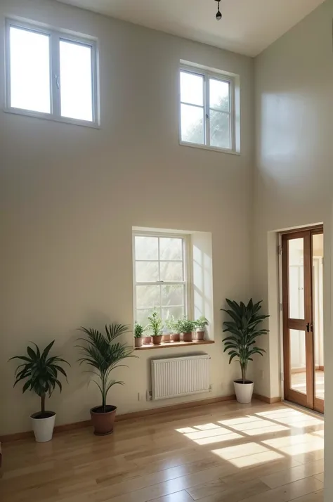 Create a background from within a modest home. In this background there may be plants, windows passing light on the right side. In the background, there cannot be any furniture behind it, just a very beautiful wall.