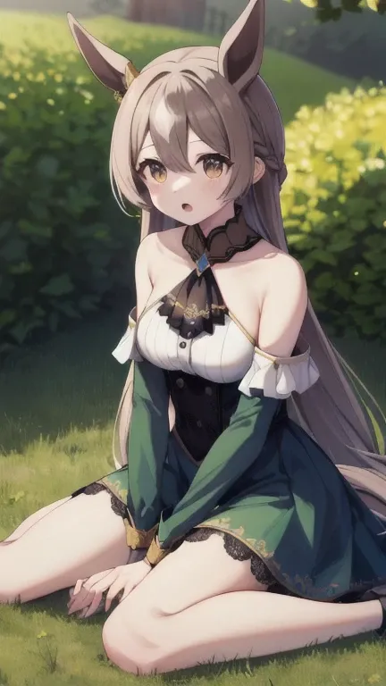 masterpiece, best quality, highres, aasato, long hair, half updo, braid, hair between eyes, animal ears, ear ornament, horse tail, breasts, frills, black ascot, green dress, (sleeves past wrists:1.2), black thighhighs, outdoors, field, wariza, sitting, on ...