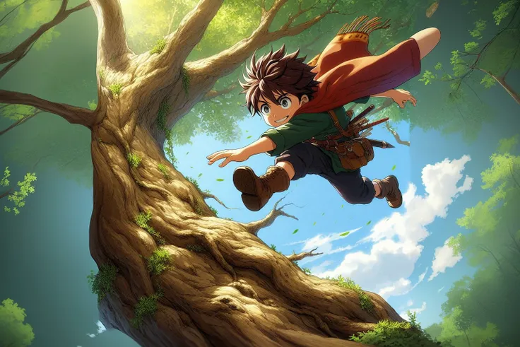 image of a boy with courage, jumping from a big tree in anime style