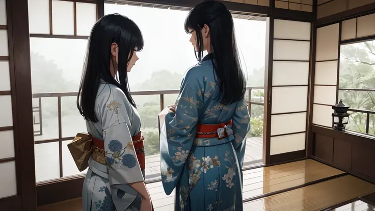 {best quality}, {very aesthetic}, {ultra-detailed}, {8k}, {Super elaborate face}, {Super-smart body},　Veranda of a traditional Japanese house, Wet day, (A woman looking out the window indoors,Behind the scenes), An ennui atmosphere,　Super fine hair, flat c...