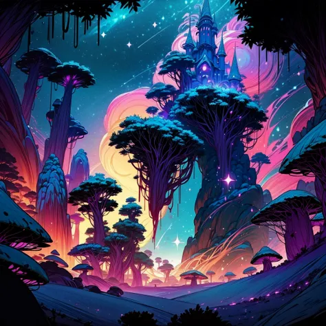 The image should evoke an atmosphere of mystery and magic. Include as mysterious shadows, a dark and vibrant, fantasy, like mystical mushrooms. Imagine an enchanted forest or an ancient castle. 