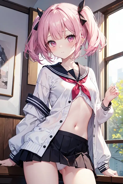 White Sailor Suit、Black mini skirt、white panties、White Bra、NUDE、Bob Hair、Pink Eyes