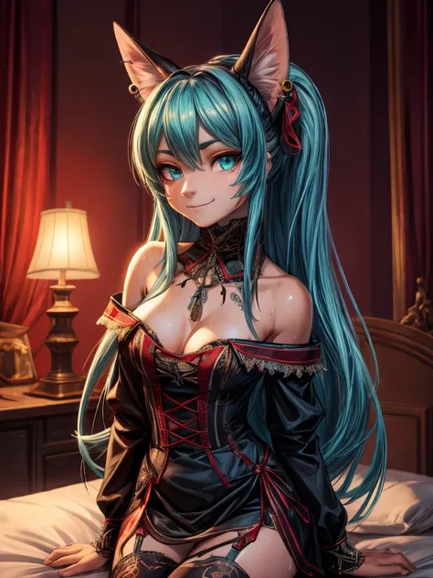 Miku Hatsune, add high definition_detail:1, tribal tattoo add_detail:1,put on the leg, Walking position during full moon showing her beautiful figure and outfit.. (black off shoulder blouse, mini ahort ) sweaty body add_details:1, smiling add_detailsl:1, e...